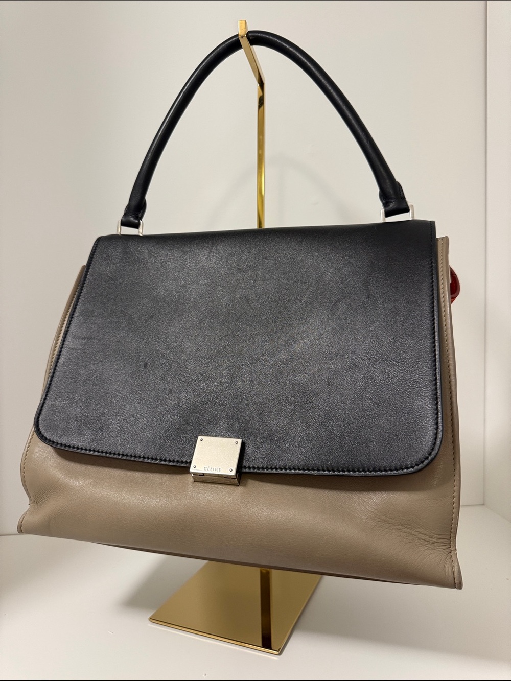 Celine Tri-Color Black Taupe & Orange Leather Trapeze Top-Handle Large Size